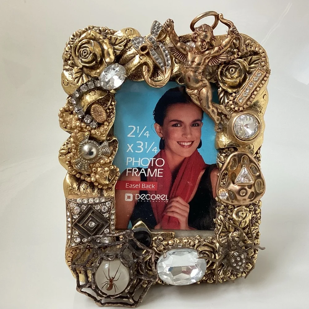 Gold spider and angel jeweled picture frame adorned with charms unique